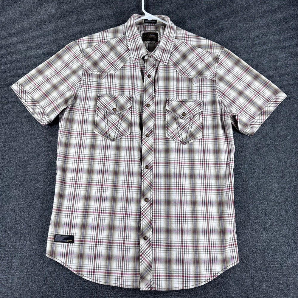 7 Diamonds Afterglow Mens Large Plaid Western Snap Short Sleeve Shirt Tan Red - Picture 3 of 13